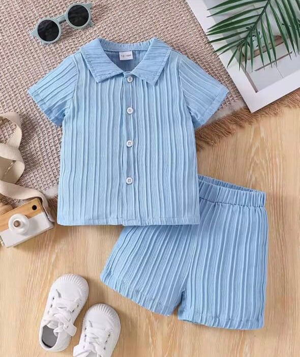 Boys Blue Ribbed Button Shirt & Shorts Set