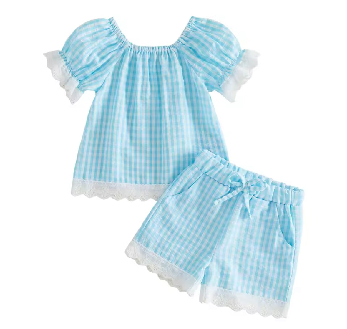 Gingham frill short sleeved short set