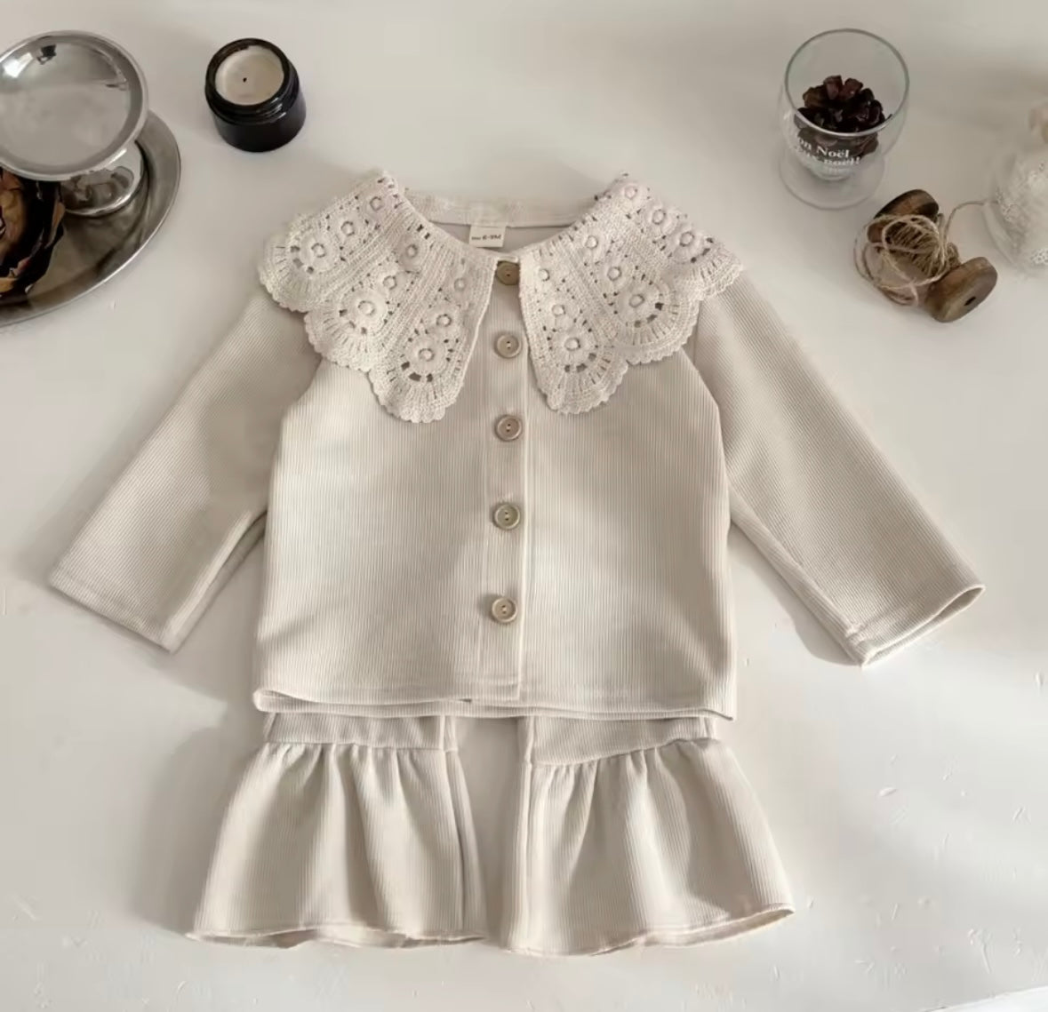 Lace collar cardigan set