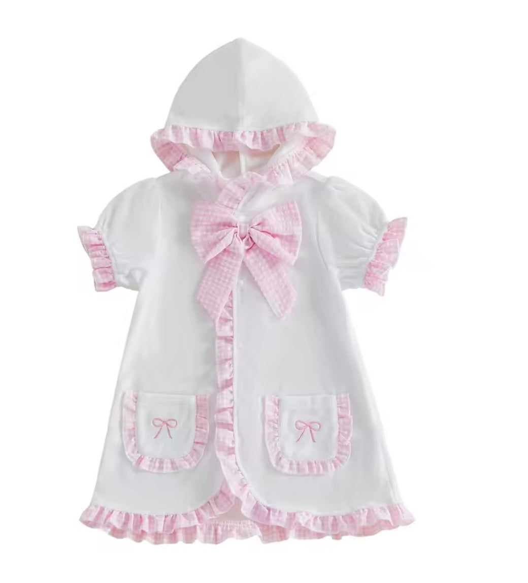 Gingham Ruffle hooded towel cover up
