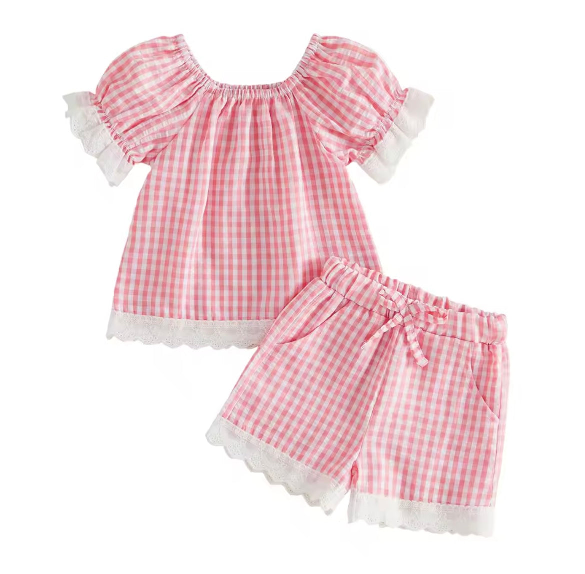 Gingham frill short sleeved short set