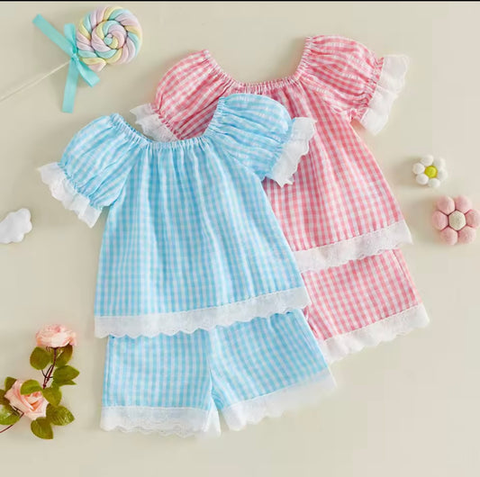 Gingham frill short sleeved short set