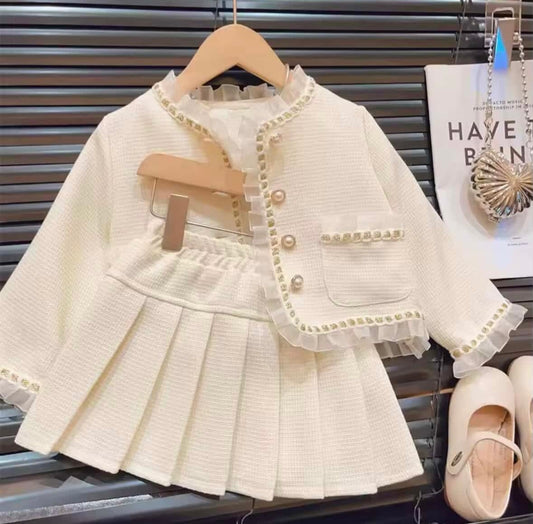 Pearl Trim Pleated Skirt Set