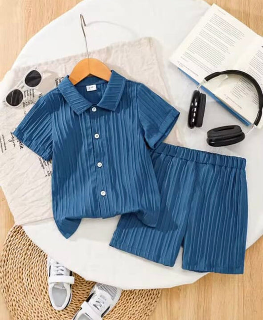 Boys Blue Ribbed Button Shirt & Shorts Set