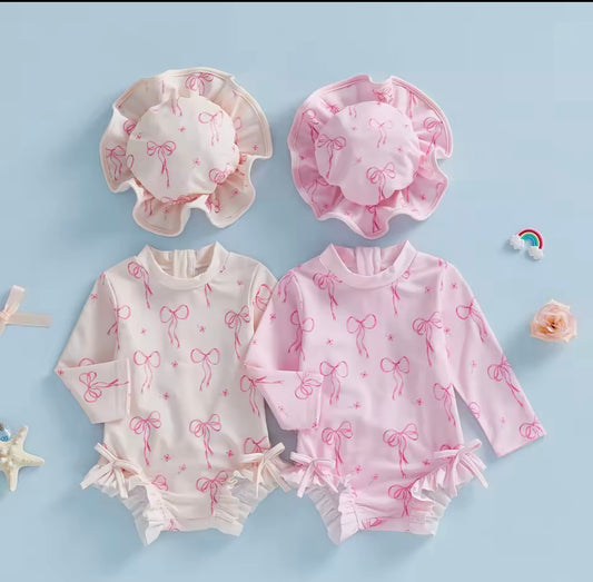 Long sleeve bow Swimsuit & Hat